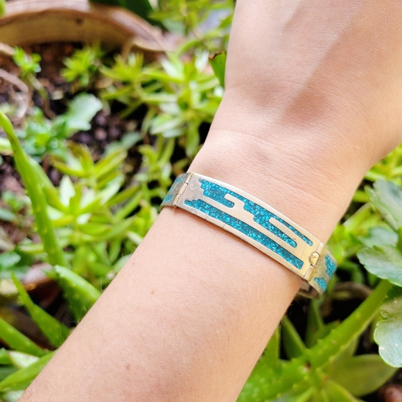 Vintage Alarci Native American Inlaid Turquoise Bracelet - Picture 2 of 15